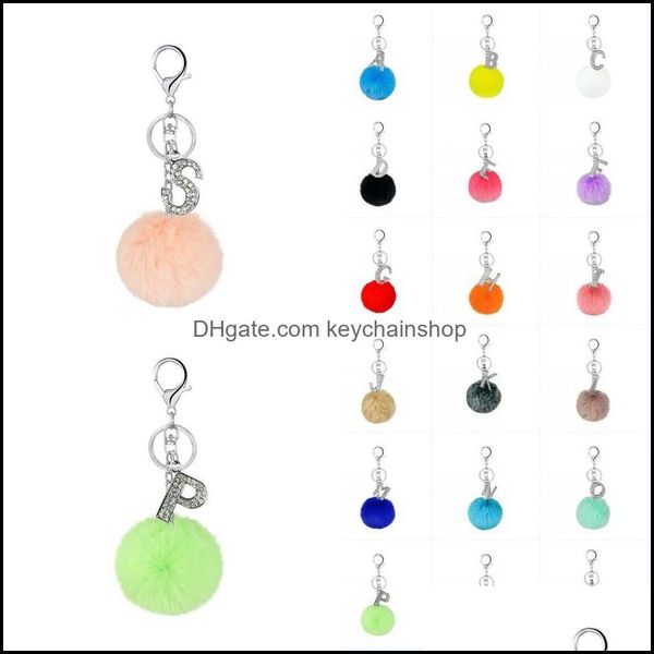 

keychains fashion accessories kimter fluffy a-z for lady faux rabbit fur ball keyrings crystal 26 alphabet letters keyfobs holder jewelry dr, Silver
