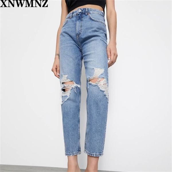 Za Jeans sbiaditi a vita alta Caratterizzati da design a cinque tasche con dettagli strappati sul davanti e chiusura con zip e bottone metallico superiore 210302