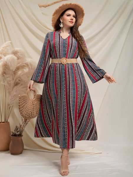 

plus geo print trumpet sleeve dress without belt t39j#, Black