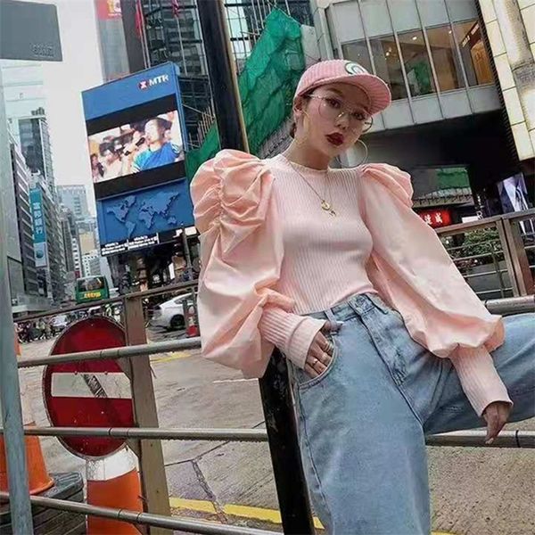 

twotwinstyle white knitted patchwork sweater for women o neck puff sleeve pullovers female clothing autumn fashion 201203, White;black