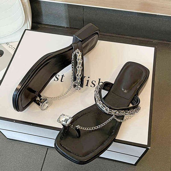 

women thick slippers chain crystal summer sandals 2022 new casual flip flops ladies beach shoes open toe slingback slides mujer y220622, Black