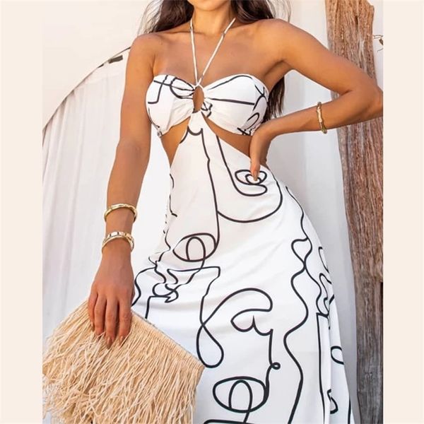

liyong print maxi dres backless halter summer beach dresses hollow out sleeveless loose elegant party vestidos 220509, Black;gray