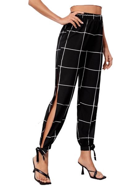 

plaid print split knot side hem pants w1sd#, Black;white