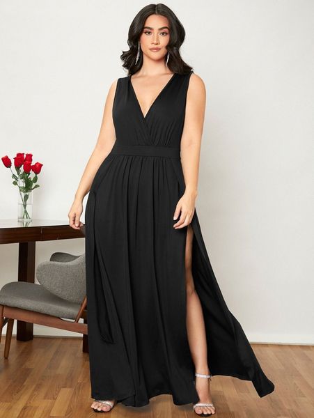 

plus surplice neck wrap hem maxi dress d5l5#, Black