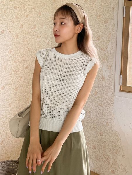 

dazy scallop trim pointelle knit sweater vest without bra f9a8#, White;black