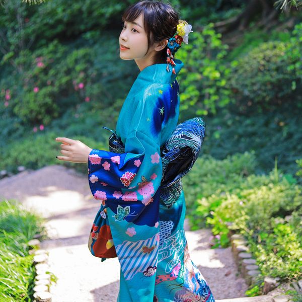 Японская этническая одежда женская лось большой вибрационный рукав кимоно формальное платье токио леди великолепный стандарт кимоно зеленый синий
