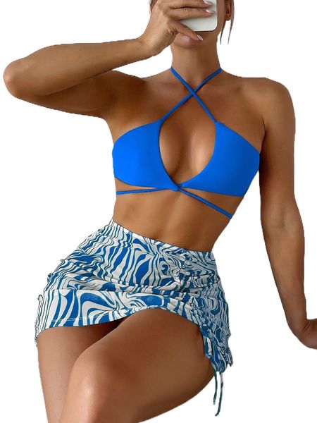 

3pack solid cross bikini swimsuit & fluid pattern beach skirt k7rp#, White;black