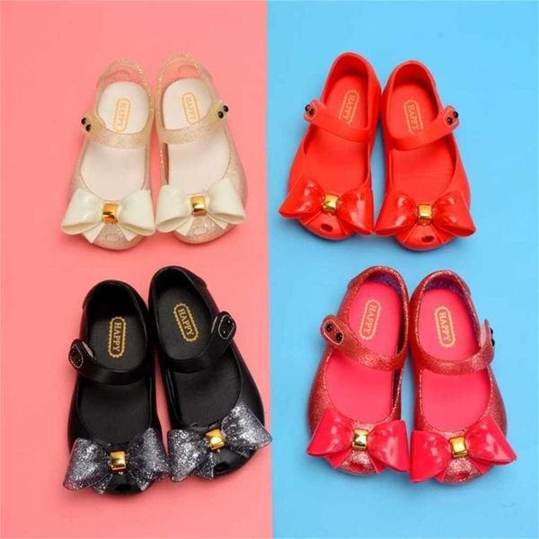

2022 summer children's outdoor travel beach shoes jelly kids girls sandals pvc princess infant glitter bow hook&loop party sandal slipp, Black;red