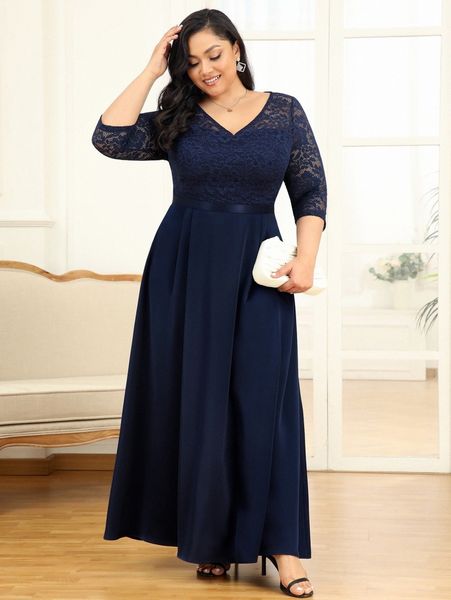

miusol plus solid lace insert v-neck dress z8tp#, Black
