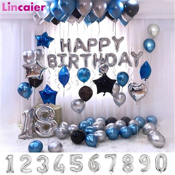 Balões de látex de metal azul de 76pcs azul prateado 1 2 3 5 10 13 14 18 17 20 26 40 50 60 anos, garoto de feliz aniversário, decorações de festa de feliz aniversário 220527