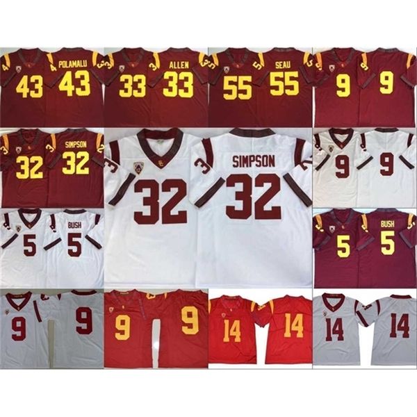 

sj98 usc trojans vintage stitched jersey 5 reggie bush 32 oj simpson 14 sam darnold 9 kedon slovis 43 troy polamalu 55 junior seau, Black