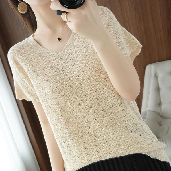 

women's t-shirt women's 100% cotton summer hollow knit v-neck pullover loose short sleeve ladies sweater home style, White