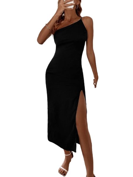 

asymmetrical neck split thigh cami dress 714q#, Black;gray