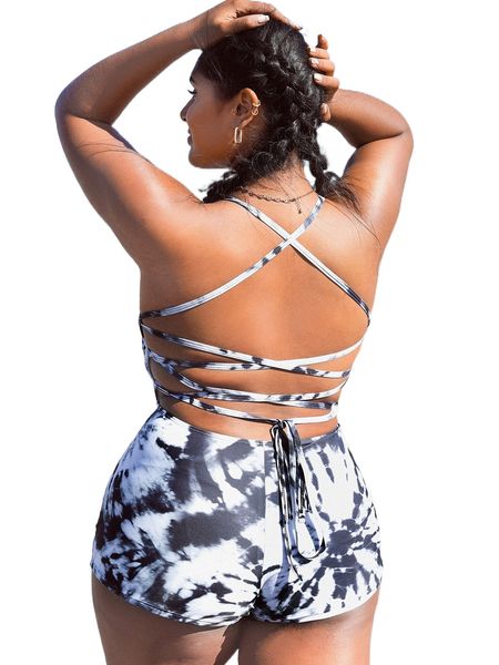 

plus tie dye cut-out lace up one piece swimsuit j3ic#, White;black
