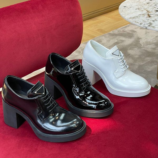 

latest platform dress shoes office designer loafers triangle buckle decoration lace up round toes women pumps 100% cowhide factory shoe with, Black