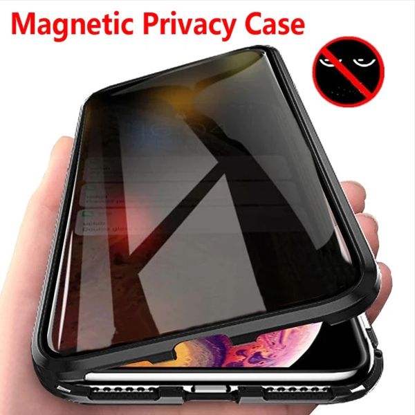 Proteção de privacidade capas de metal magnéticas para iphone 11 12 13 14 pro max mini xs xr x se2 8 7 6s 6 plus 360 vidro temperado dupla face anti-espiar capa de telefone