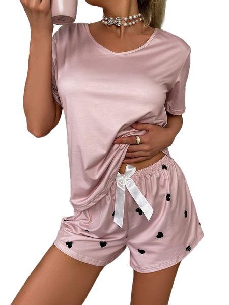 

heart print bow front shorts pj set u95y#, Black;red