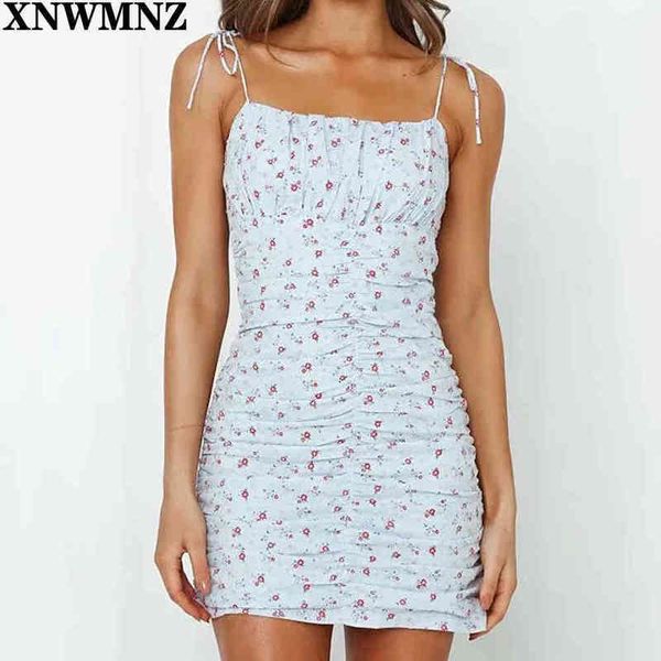 

xnwmnz women spaghetti strap center ruched dress vintage cotton back zip summer dresses fashion blue floral print vestidos 210513, Black;gray