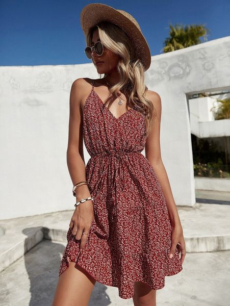 

plant print belted cami dress 557a#, Black;gray