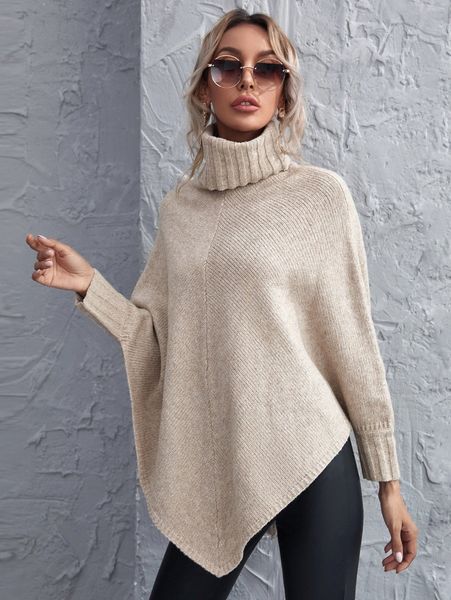

turtleneck asymmetrical hem poncho sweater g28f#, White;black