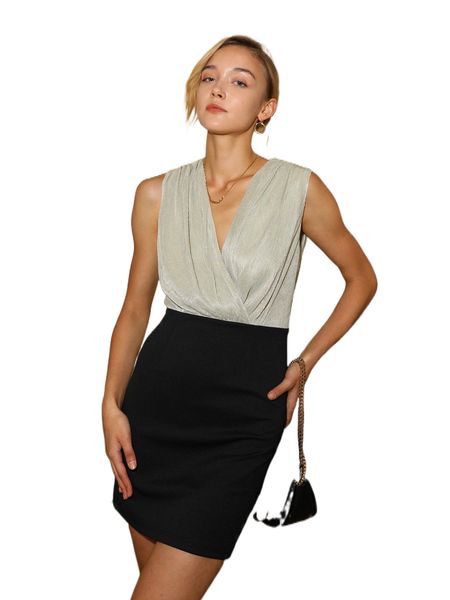 

two tone overlap collar dress l3su#, Black;gray