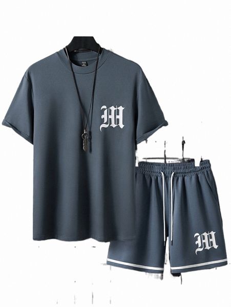 

men letter graphic tee & contrast tape drawstring waist shorts without necklace h6sp#, Gray