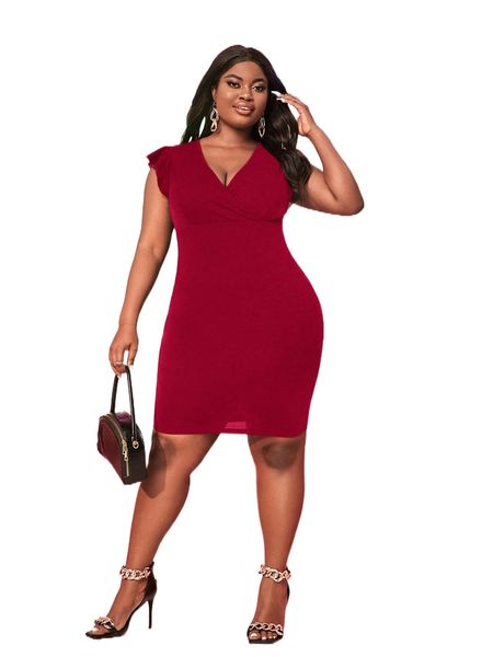 

sxy plus overlap collar flutter sleeve bodycon dress j54m#, Black