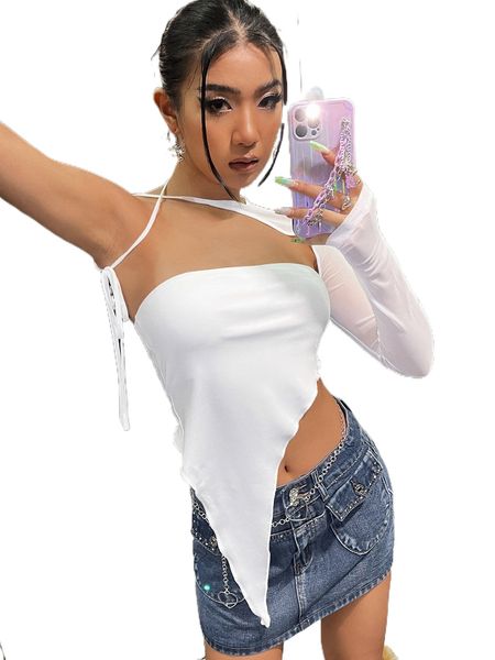 

knot detail asymmetrical neck backless f5u3#, White