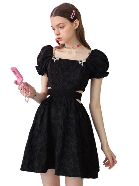 

puff sleeve cut out waist dress j2wl#, Black;gray