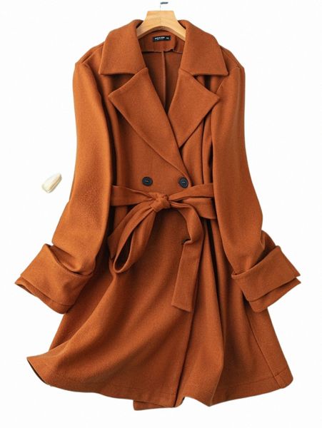 

plus lapel collar double breasted belted overcoat 32ha#, Black