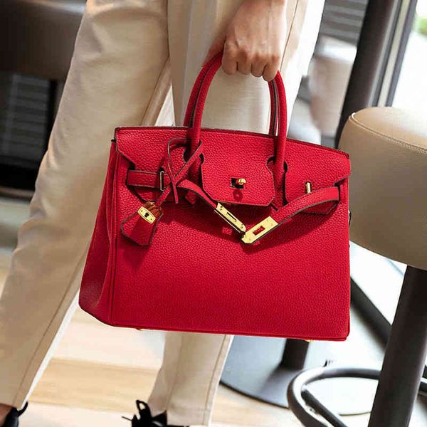

luxury women birkinss handbags fashion flagship store authentic 2022 litchi pattern platinum bag portable one shoulder large capacity red fs