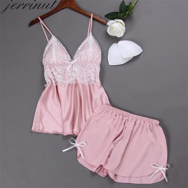 

jerrinut 2pcs pajama set for women pyjamas summer sleepwear silk stain pijama and shorts sleeveless nightwear female 220329, Black;red