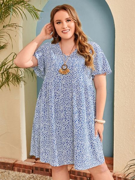 

emery rose plus ditsy floral flutter sleeve smock dress e9bz#, Black