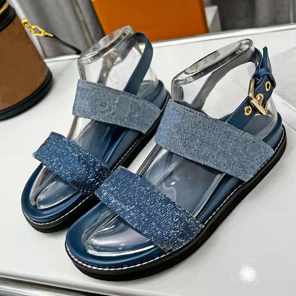 

women sandals denim embroidery wide strap flat sandal buckle comfortable wear resisting rubber sole slides summer beach shoping, Black