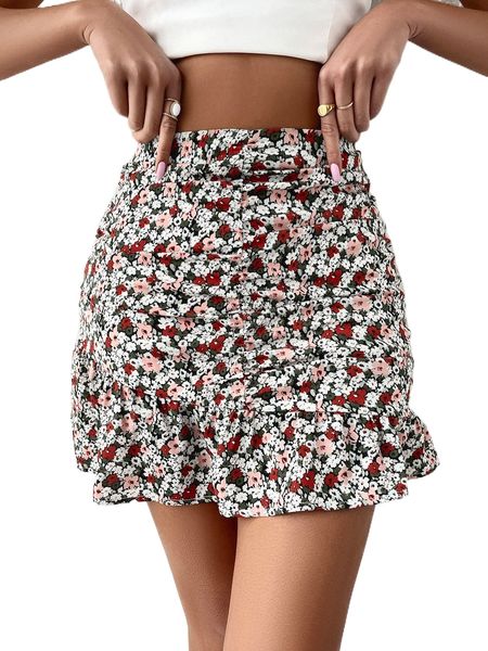 

allover floral print ruffle hem skirt i0lw#, Black