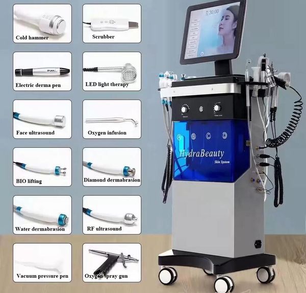 Leistungsstarke 13 IN 1 Aqua Gesicht saubere Mikrodermabrasion Sauerstoff Gesichtsausrüstung Kristall Diamant Wasser Peeling Derma Roller Hautpflege Multifunktionsmaschine