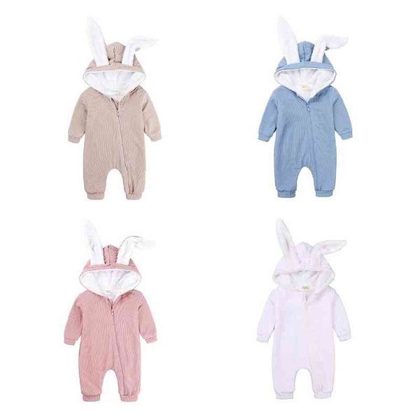 Bebeğin Kış Peluş Romper Tavşan Kapşonlu Fermuarı Bodysuit Toddler Erkek Kız Kızlar Tek Parça Tulumlar Mercan Polar Pijama Dış Giyim G220510