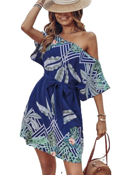 

tropical print asymmetrical neck belted dress w2m9#, Black;gray