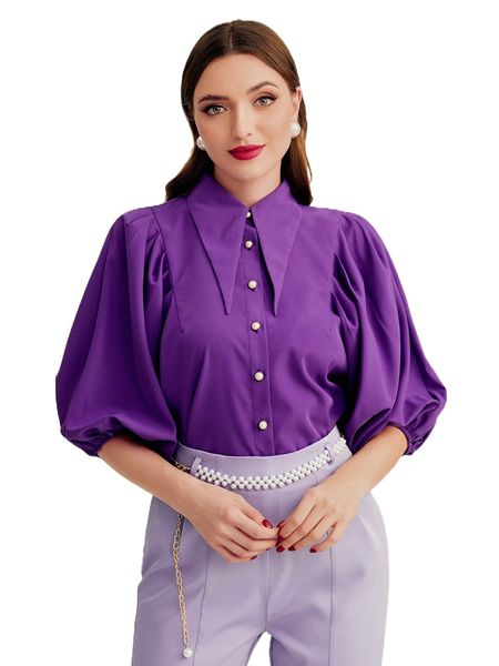 

puff sleeve button front shirt w7et#, White