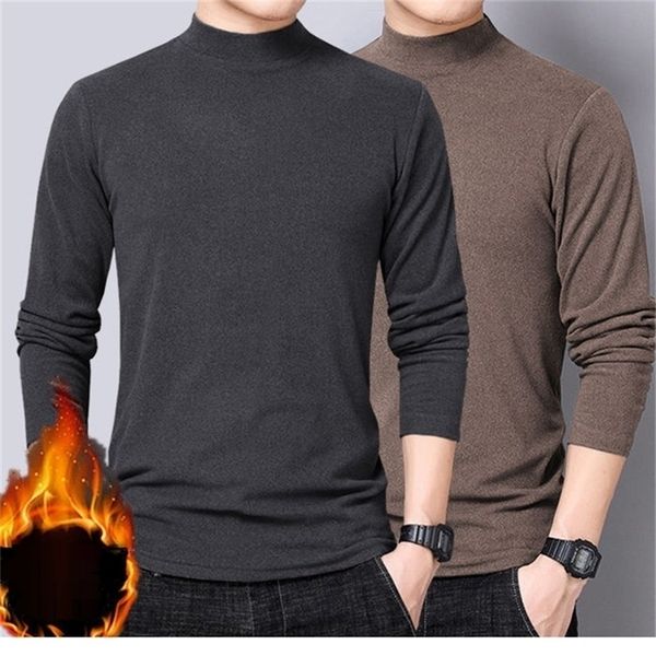 Зимняя футболка для мужчин с длинным рукавом футболки термический белье сплошной цвет с тонким флисом 220318