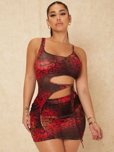 

sxy allover print asymmetrical neck knot side cut out bodycon dress f1rx#, Black;gray