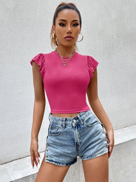 

solid butterfly sleeve crop tee 97k1#, White