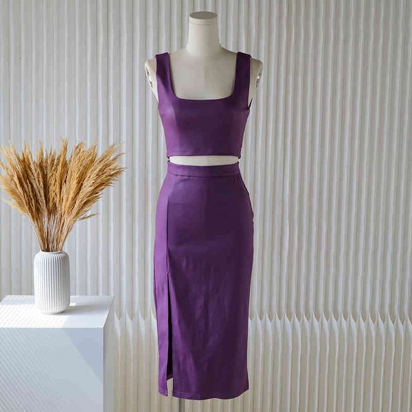 

two piece dress foreign trade original simple light mature style vest short small slit medium length skirt suit, White