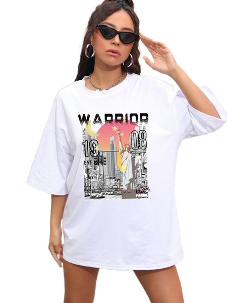 

letter & building print drop shoulder tee y5jk#, White