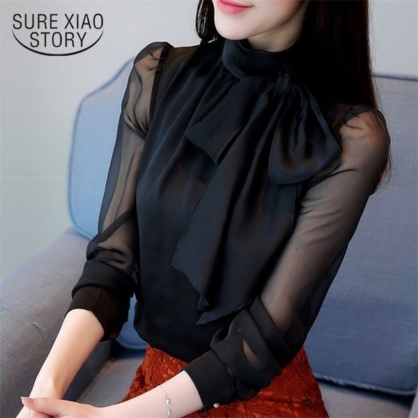 

summer fashion tunic women blouse shirts long sleeve tie bow chiffon turtleneck formal women white black shirts 0599 30 210308
