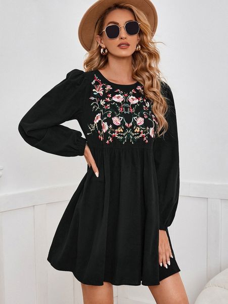 

floral embroidery lantern sleeve dress z8vh#, Black;gray