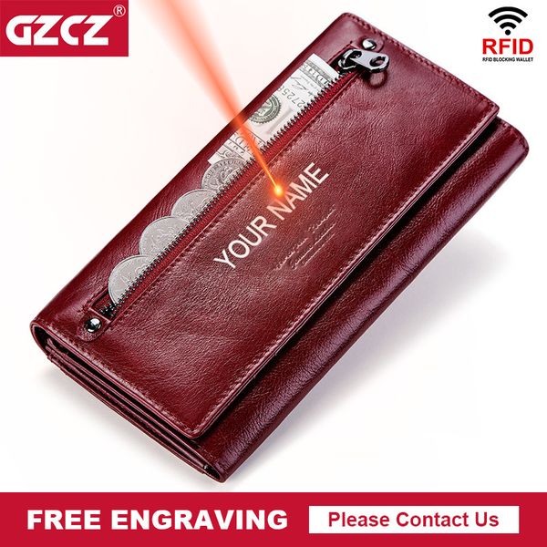 

luxury women clutch wallets 100% genuine leather rfid multiple cards holder long fashion female coin purse with phone bag 220421, Red;black