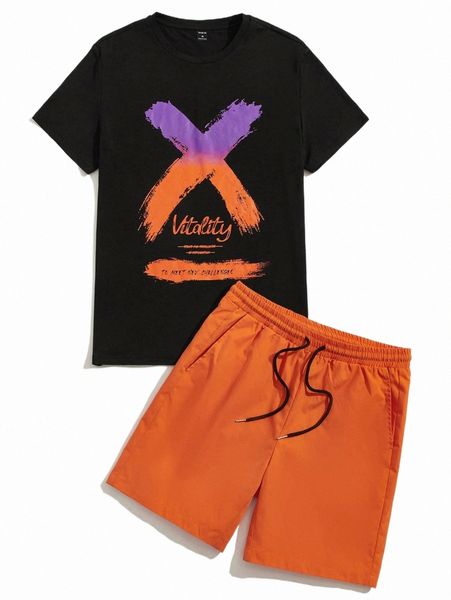 

men brush & slogan graphic tee & drawstring waist shorts 72t3#, Gray