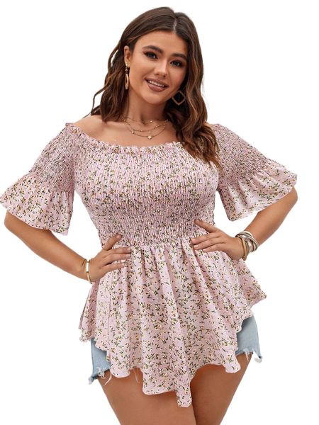 

plus ditsy floral shirred peplum blouse d8p9#, Black