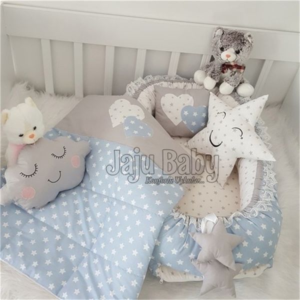 

jaju baby handmade blue star design luxury orthopedic babynest and 5 piece bedding set mother side portable baby bed sleeping 220531